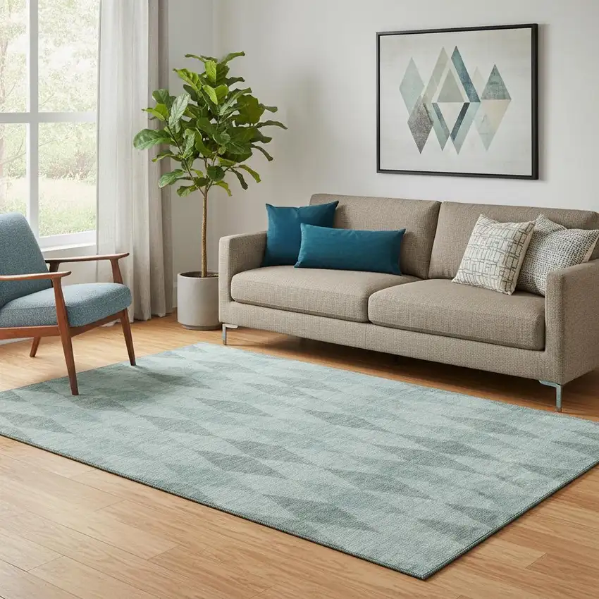 Teal And Gray Geometric Washable Area Rug With UV Protection Photo 1
