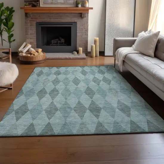 Teal And Gray Geometric Washable Area Rug With UV Protection Photo 5