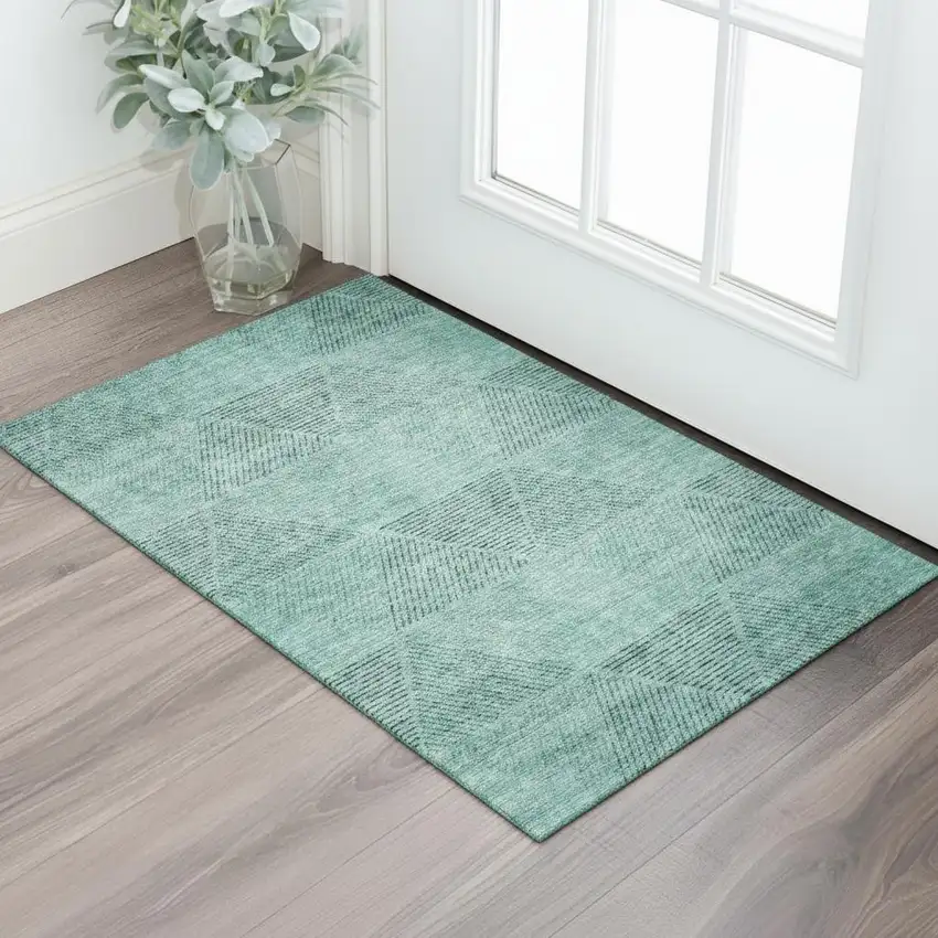 Teal And Gray Geometric Washable Area Rug With UV Protection Photo 1