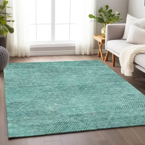 Teal And Gray Geometric Washable Area Rug With UV Protection Photo 5