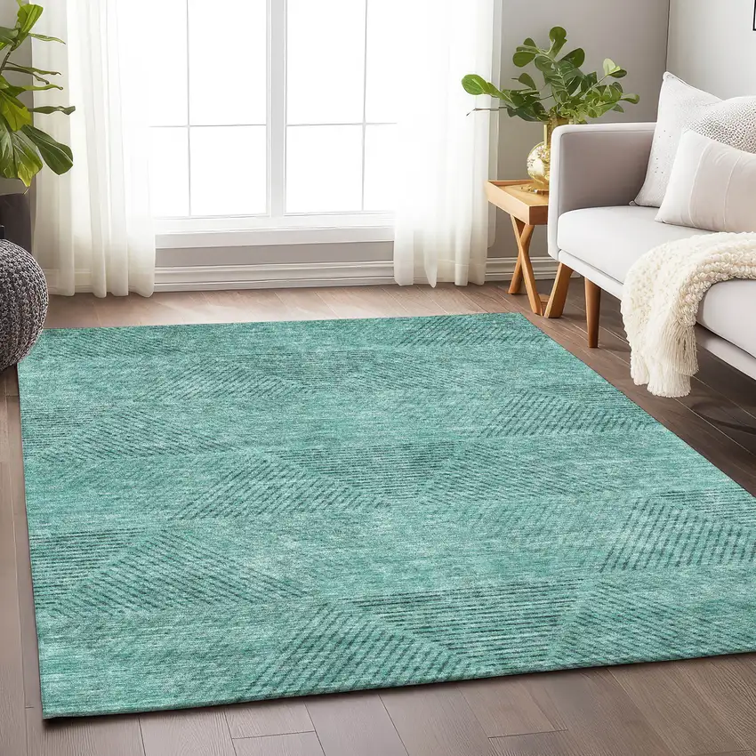 Teal And Gray Geometric Washable Area Rug With UV Protection Photo 5