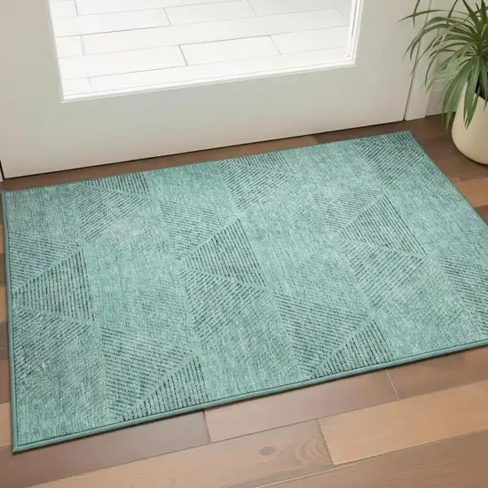 Teal And Gray Geometric Washable Area Rug With UV Protection Photo 2