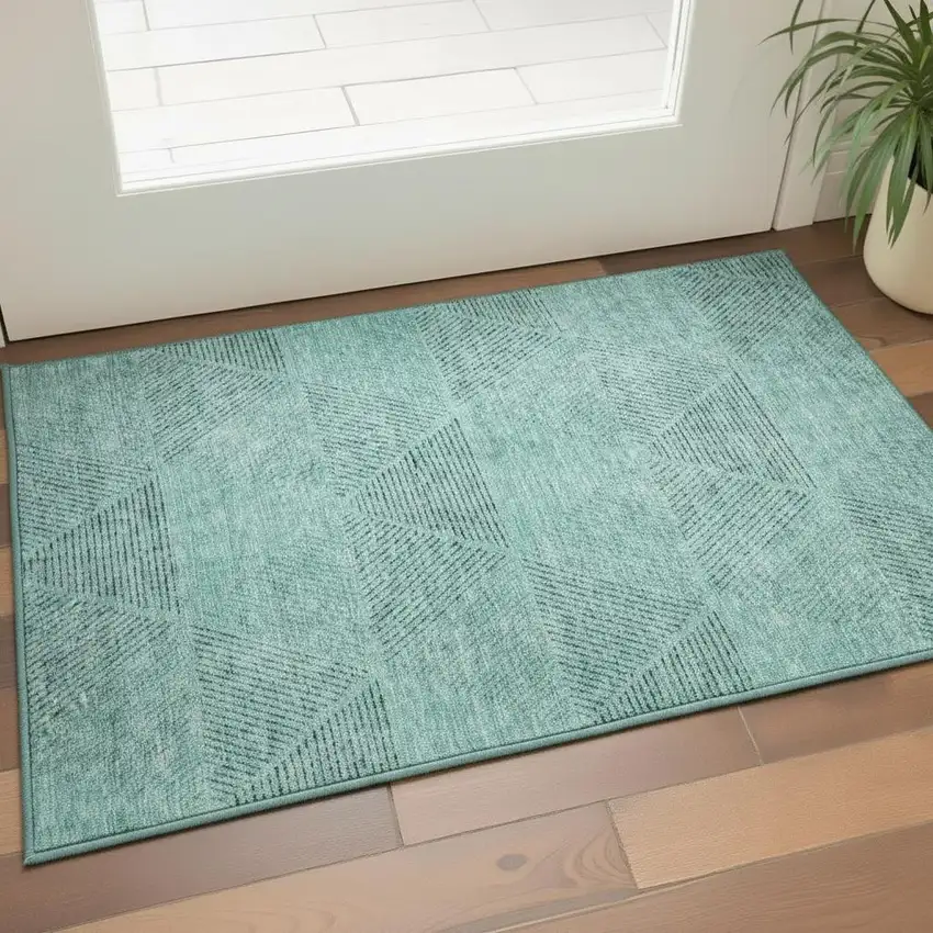 Teal And Gray Geometric Washable Area Rug With UV Protection Photo 2