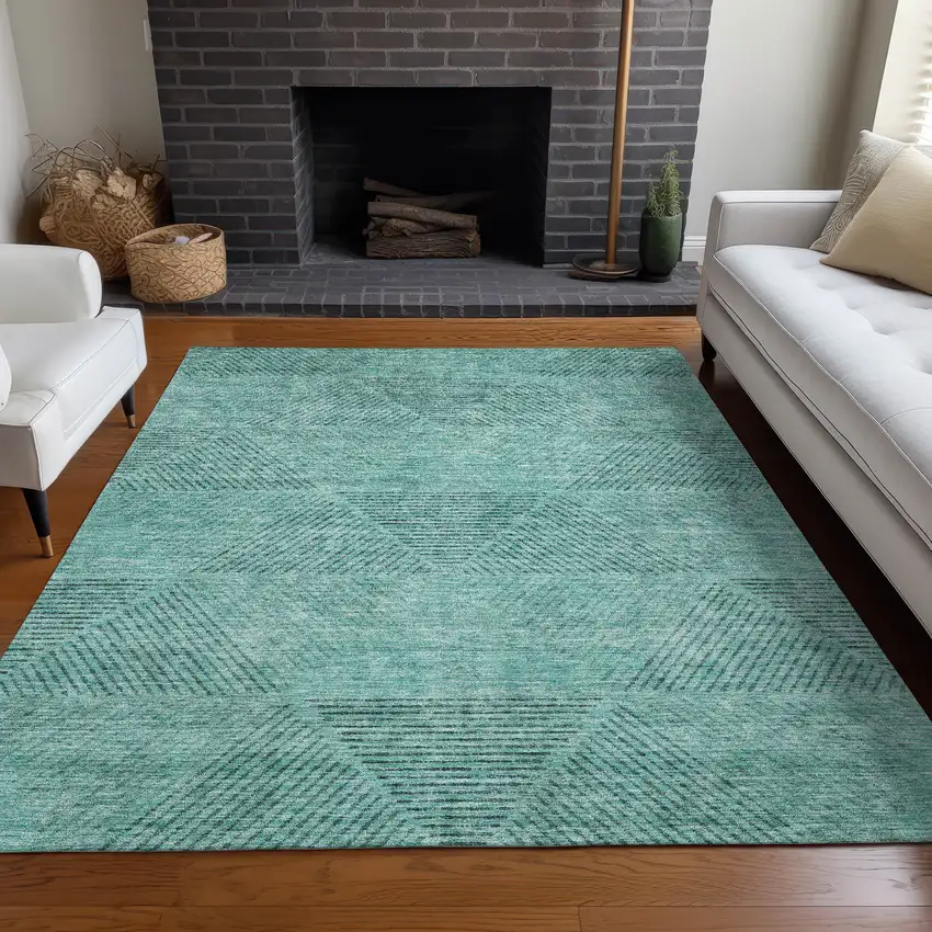 Teal And Gray Geometric Washable Area Rug With UV Protection Photo 4