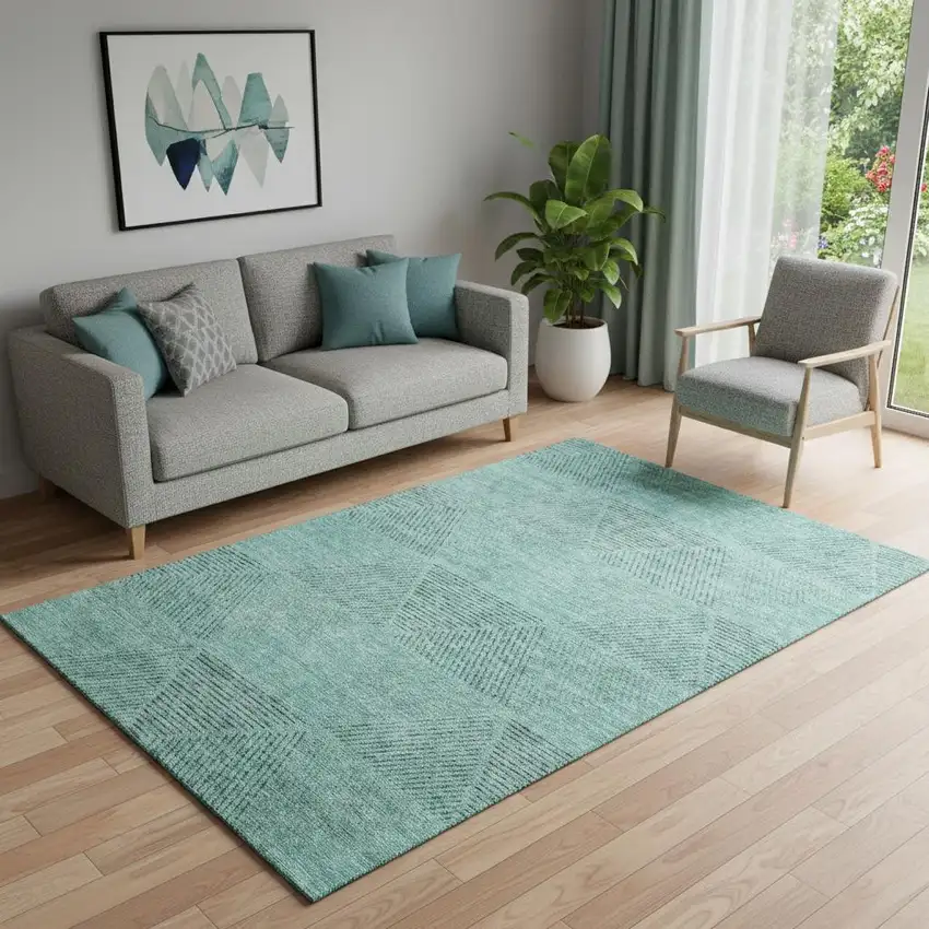 Teal And Gray Geometric Washable Area Rug With UV Protection Photo 1