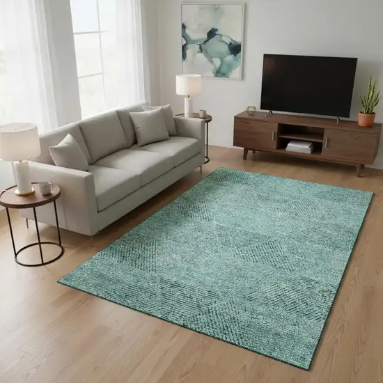 Teal And Gray Geometric Washable Area Rug With UV Protection Photo 2