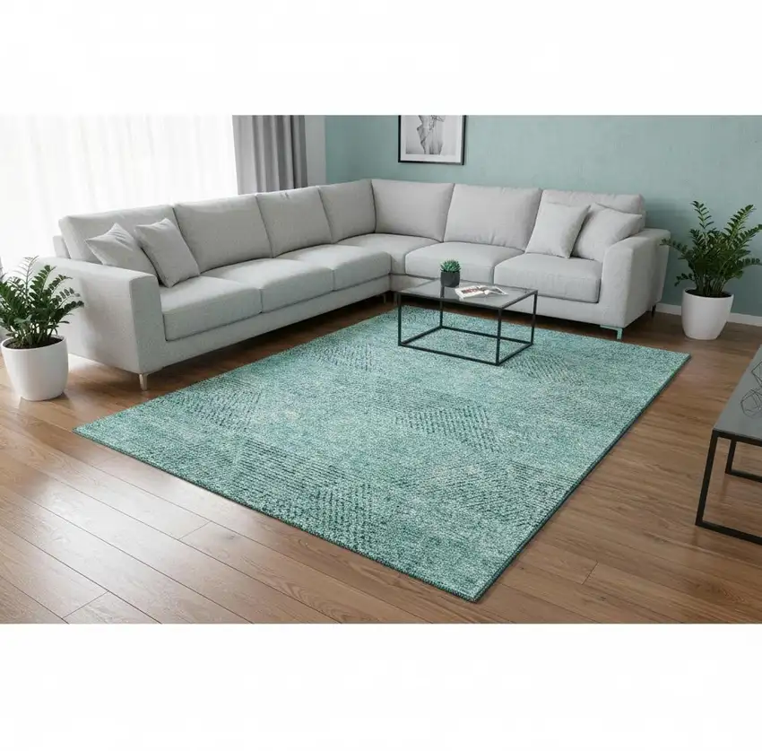 Teal And Gray Geometric Washable Area Rug With UV Protection Photo 2