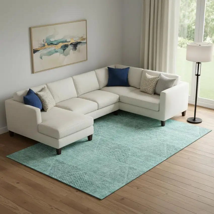 Teal And Gray Geometric Washable Area Rug With UV Protection Photo 1