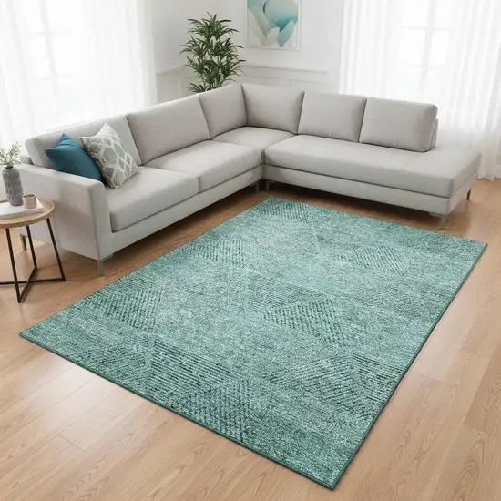 Teal And Gray Geometric Washable Area Rug With UV Protection Photo 2
