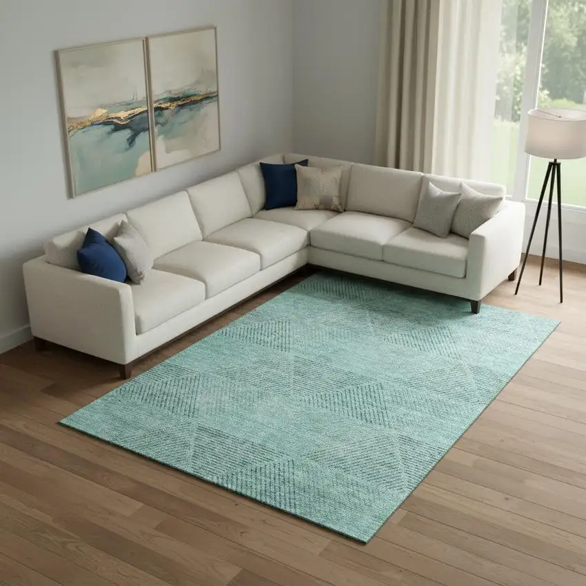 Teal And Gray Geometric Washable Area Rug With UV Protection Photo 1