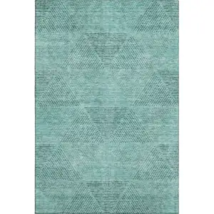 Photo of Teal And Gray Geometric Washable Area Rug With UV Protection