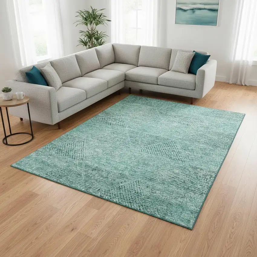 Teal And Gray Geometric Washable Area Rug With UV Protection Photo 2