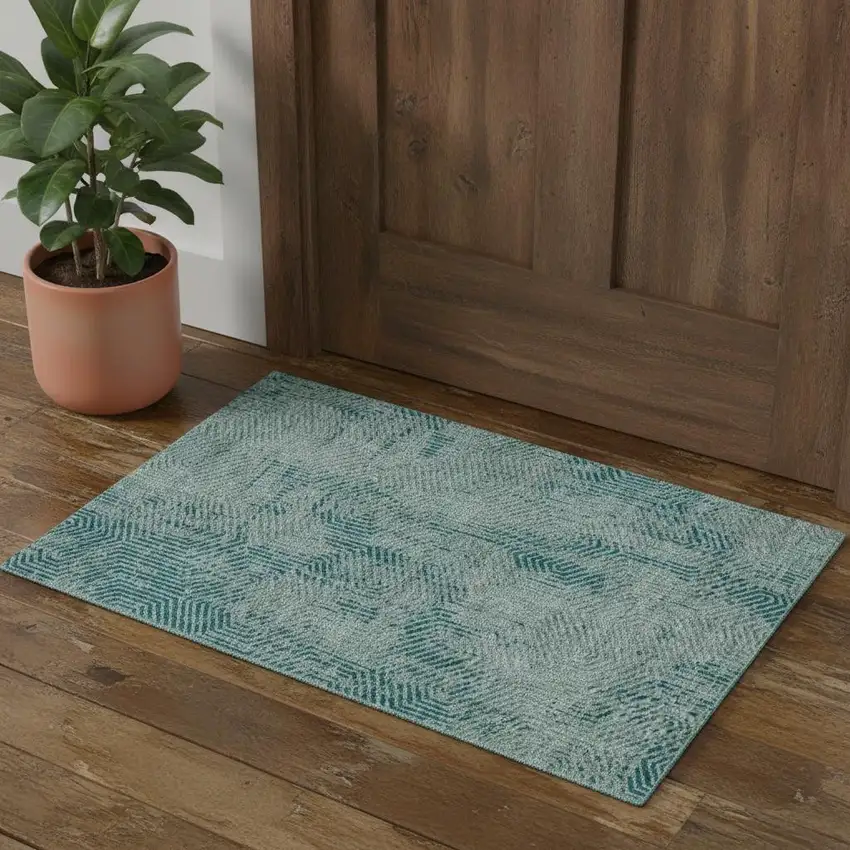 Teal And Gray Geometric Washable Area Rug With UV Protection Photo 1