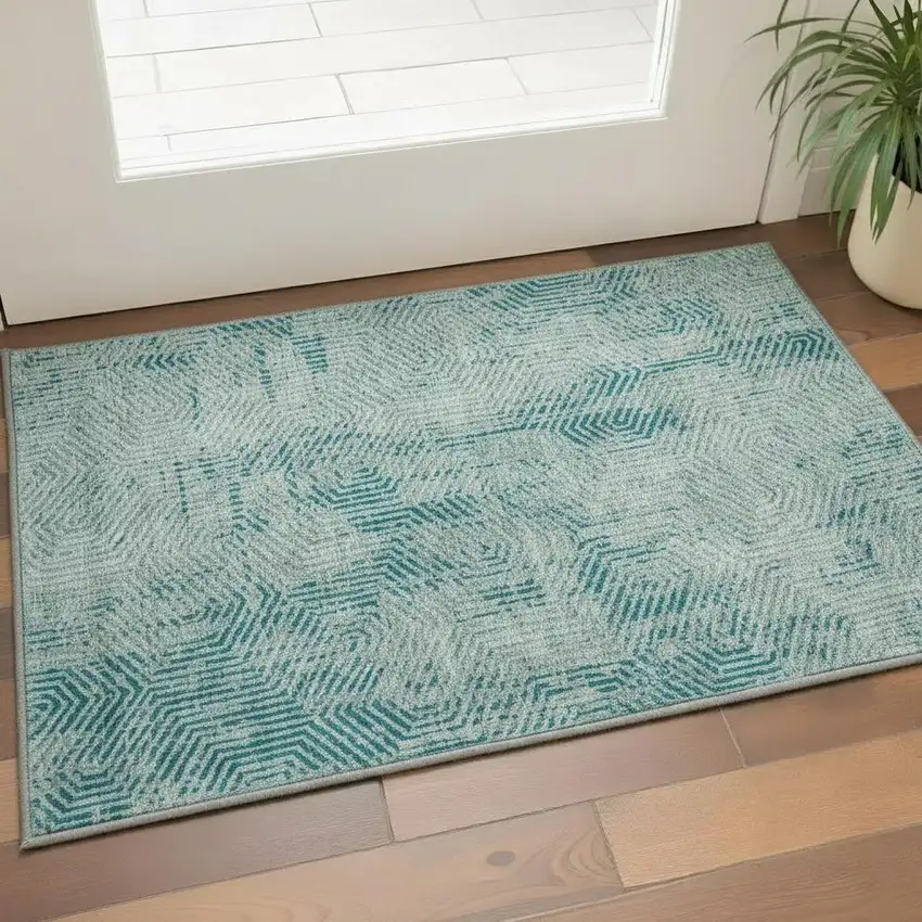 Teal And Gray Geometric Washable Area Rug With UV Protection Photo 2