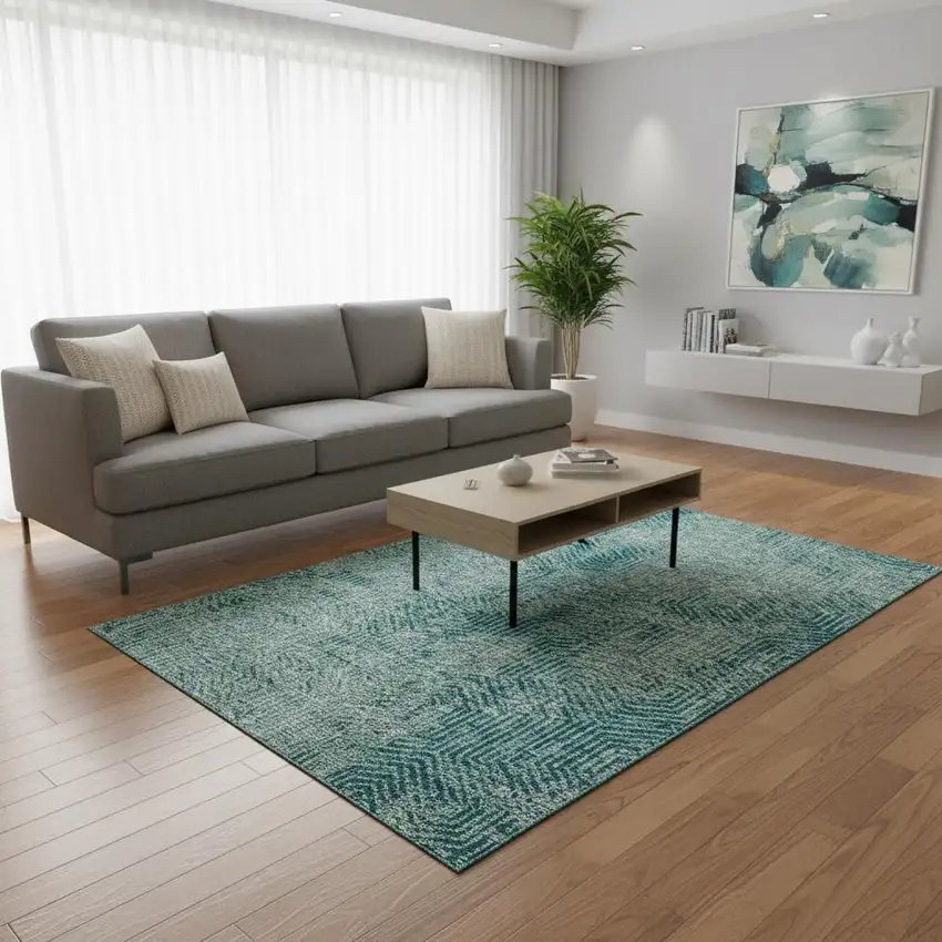 Teal And Gray Geometric Washable Area Rug With UV Protection Photo 2