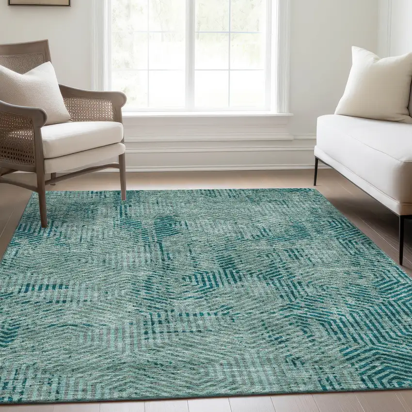 Teal And Gray Geometric Washable Area Rug With UV Protection Photo 6