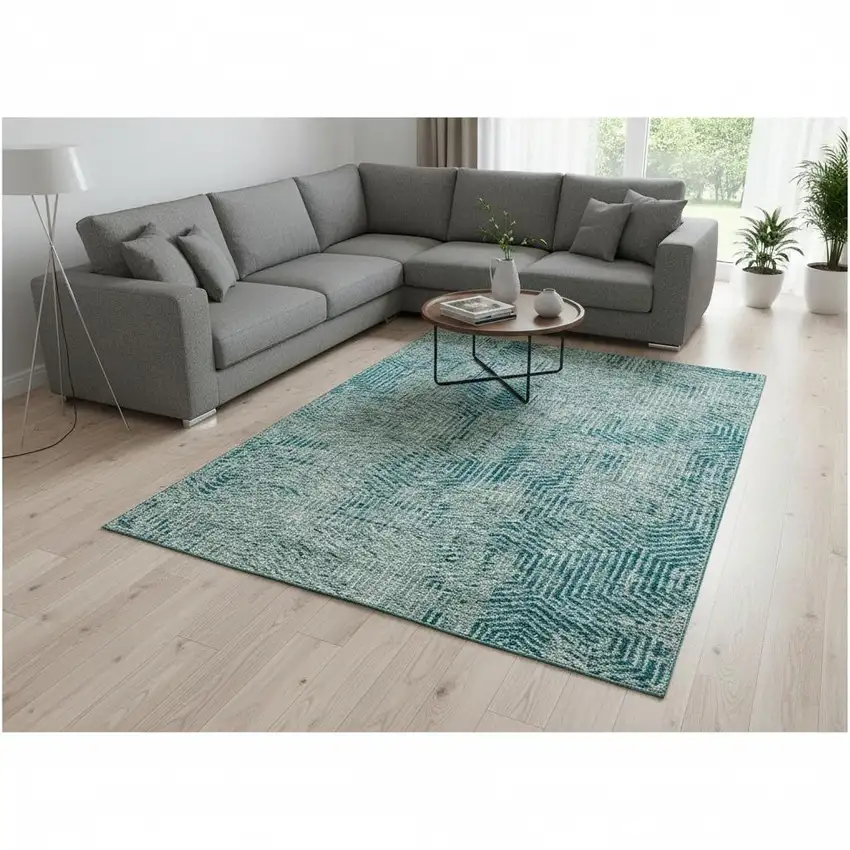 Teal And Gray Geometric Washable Area Rug With UV Protection Photo 2