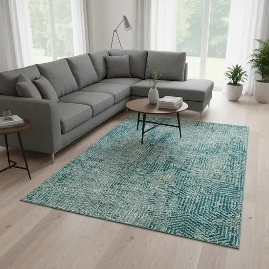Teal And Gray Geometric Washable Area Rug With UV Protection Photo 2