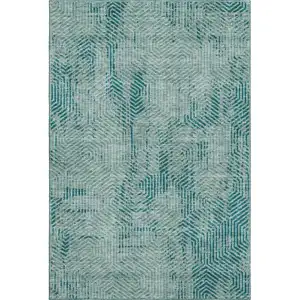 Photo of Teal And Gray Geometric Washable Area Rug With UV Protection