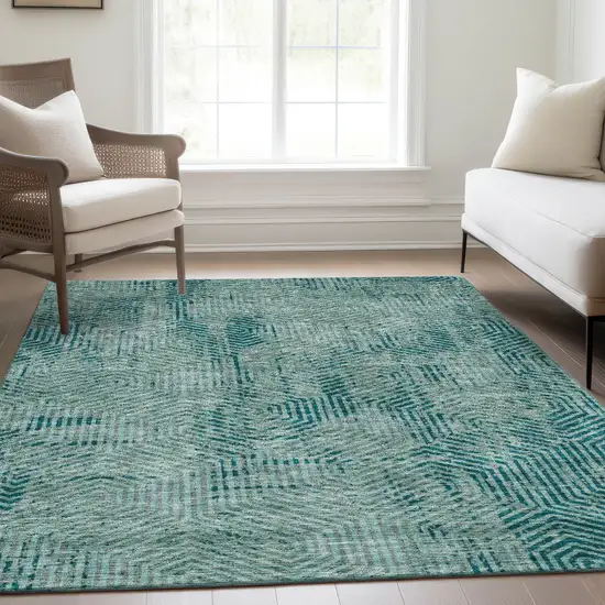Teal And Gray Geometric Washable Area Rug With UV Protection Photo 6