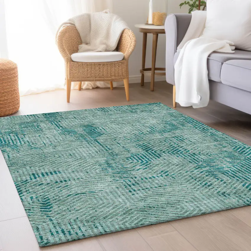 Teal And Gray Geometric Washable Area Rug With UV Protection Photo 5