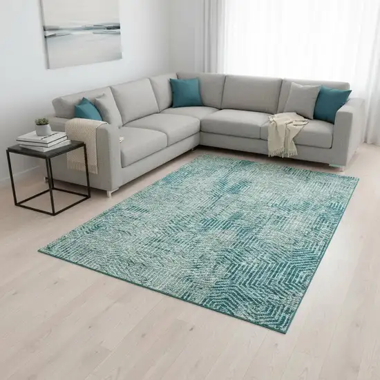 Teal And Gray Geometric Washable Area Rug With UV Protection Photo 2