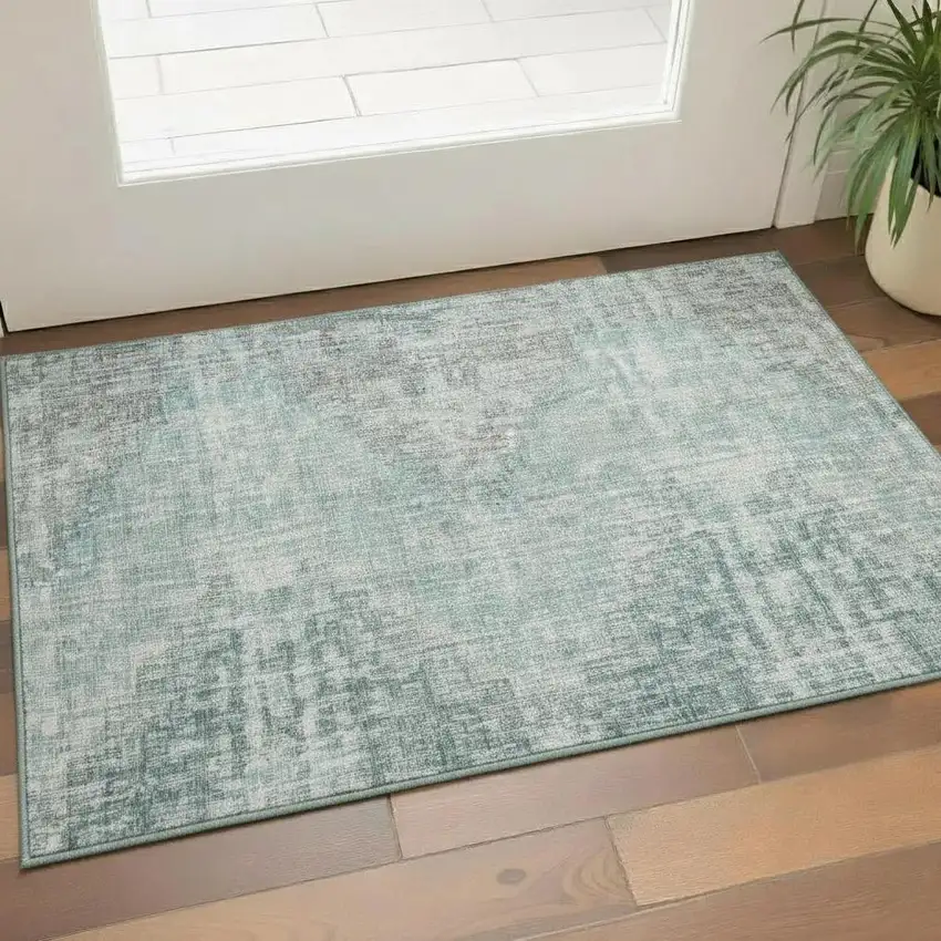 Teal And Gray Geometric Washable Area Rug With UV Protection Photo 2