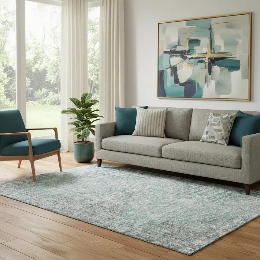 Teal And Gray Geometric Washable Area Rug With UV Protection Photo 2