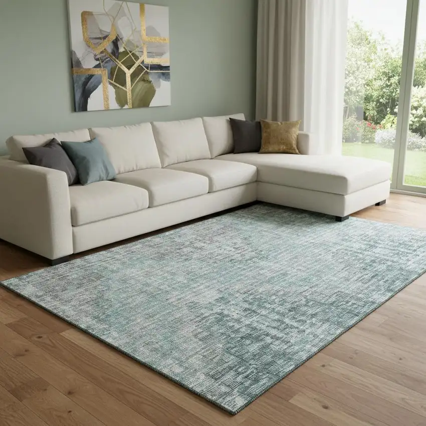 Teal And Gray Geometric Washable Area Rug With UV Protection Photo 2