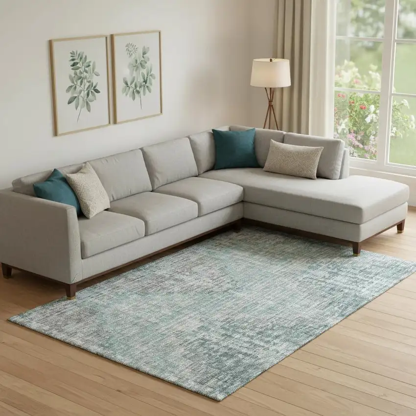 Teal And Gray Geometric Washable Area Rug With UV Protection Photo 2