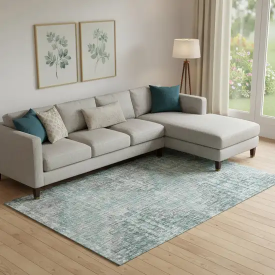 Teal And Gray Geometric Washable Area Rug With UV Protection Photo 2