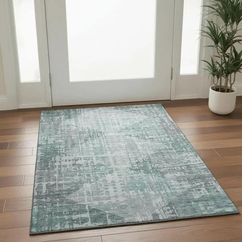 Teal And Gray Geometric Washable Area Rug With UV Protection Photo 2