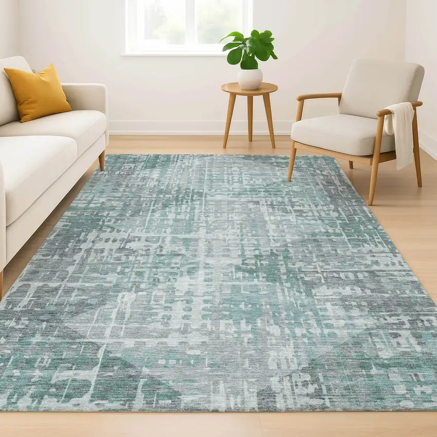 Teal And Gray Geometric Washable Area Rug With UV Protection Photo 6
