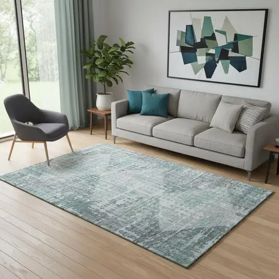 Teal And Gray Geometric Washable Area Rug With UV Protection Photo 2