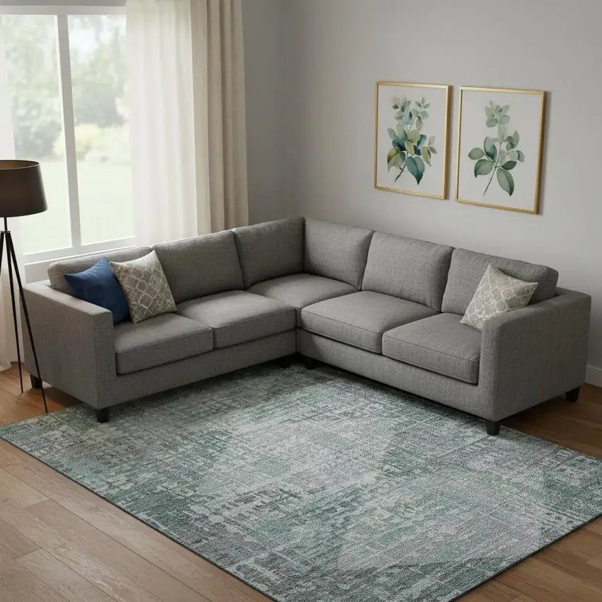 Teal And Gray Geometric Washable Area Rug With UV Protection Photo 2