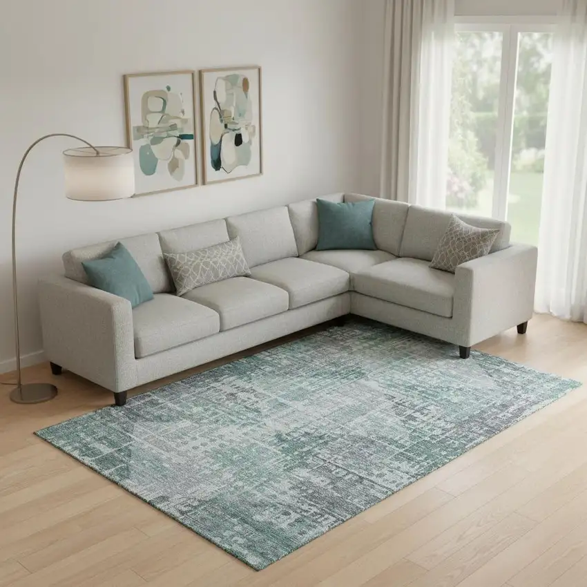 Teal And Gray Geometric Washable Area Rug With UV Protection Photo 2
