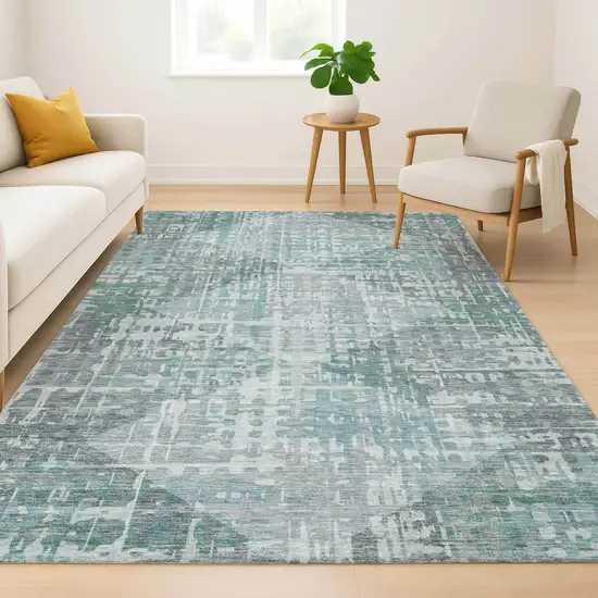 Teal And Gray Geometric Washable Area Rug With UV Protection Photo 6