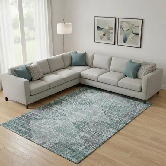 Teal And Gray Geometric Washable Area Rug With UV Protection Photo 2