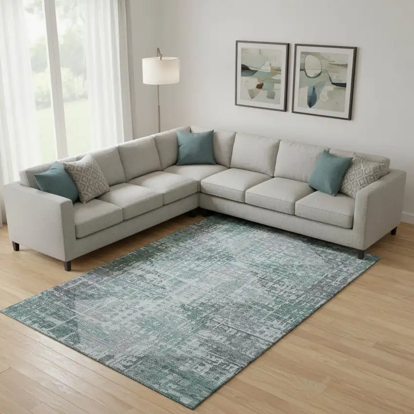 Teal And Gray Geometric Washable Area Rug With UV Protection Photo 2