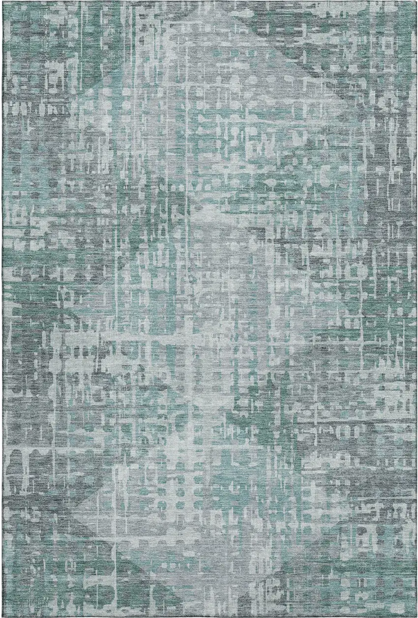 Teal And Gray Geometric Washable Area Rug With UV Protection Photo 1
