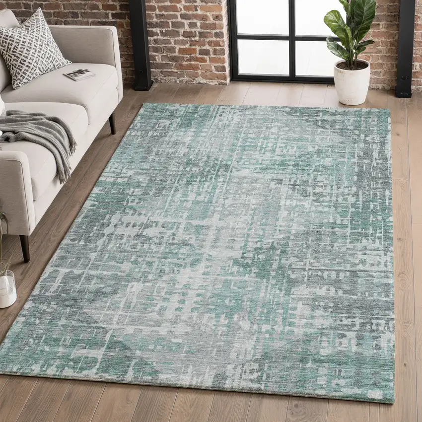Teal And Gray Geometric Washable Area Rug With UV Protection Photo 5