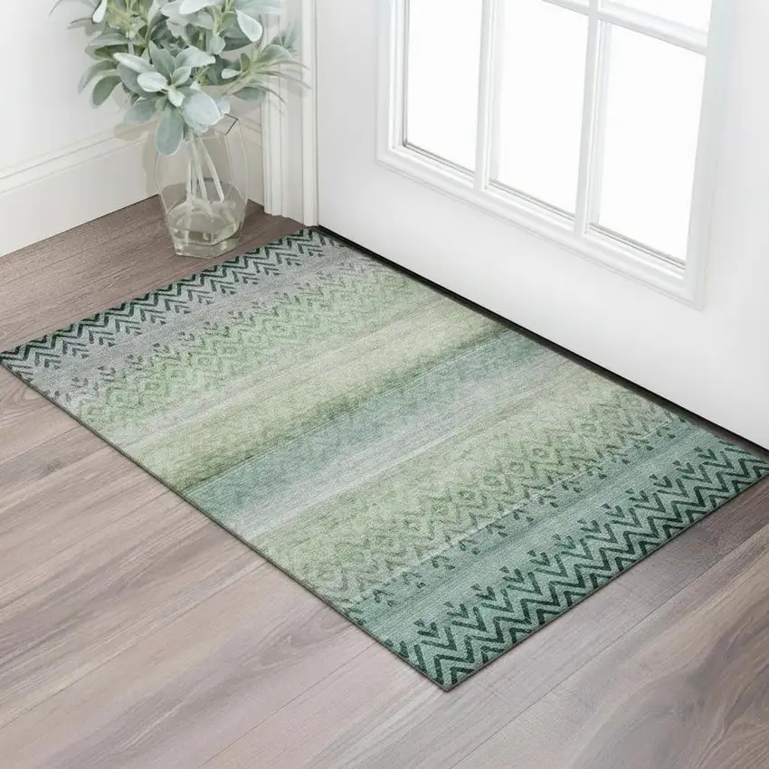 Teal And Gray Geometric Washable Area Rug With UV Protection Photo 2