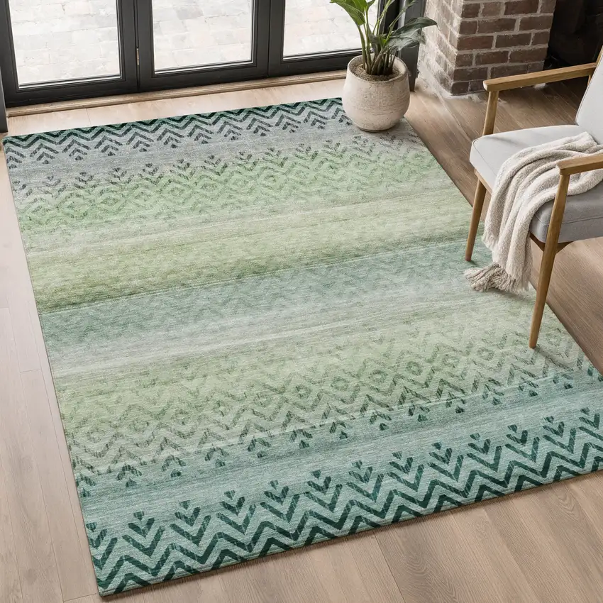 Teal And Gray Geometric Washable Area Rug With UV Protection Photo 5