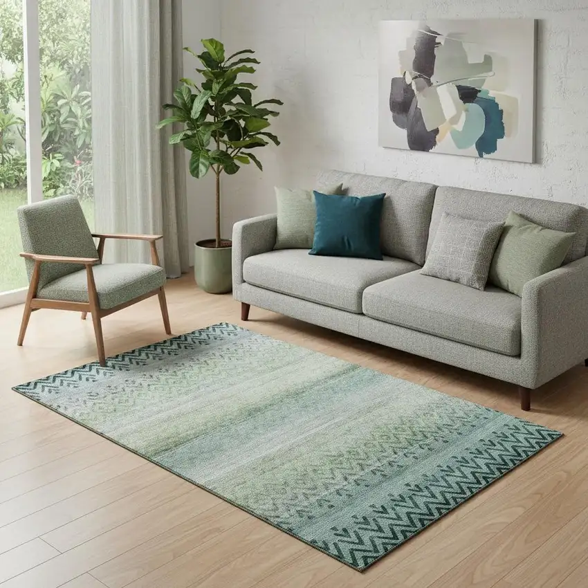 Teal And Gray Geometric Washable Area Rug With UV Protection Photo 2