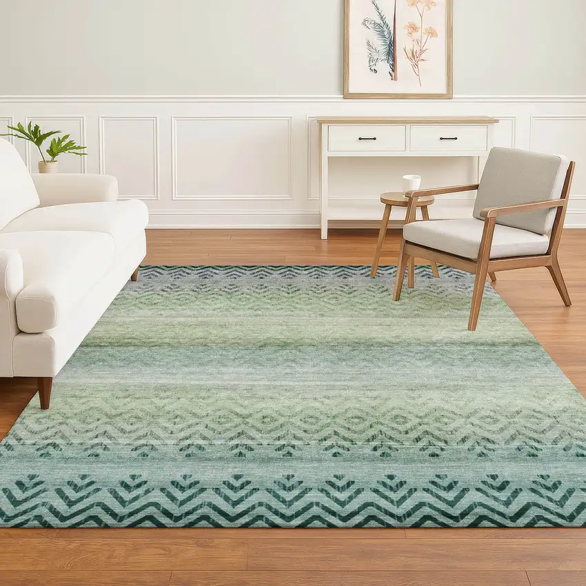 Teal And Gray Geometric Washable Area Rug With UV Protection Photo 5