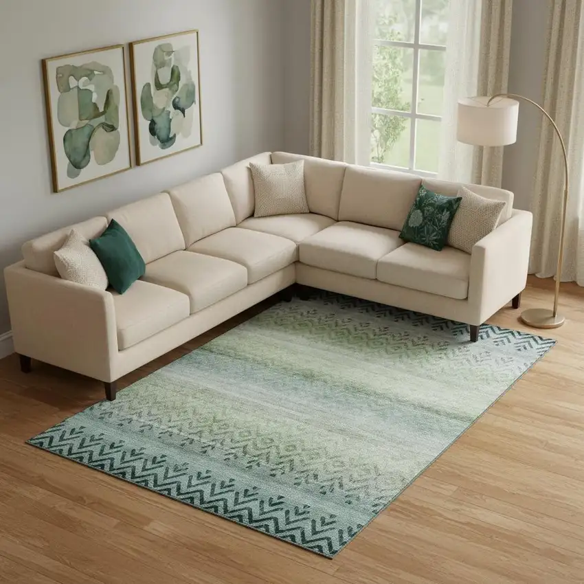 Teal And Gray Geometric Washable Area Rug With UV Protection Photo 2