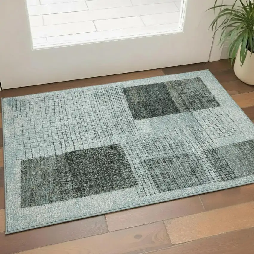 Teal And Gray Geometric Washable Area Rug With UV Protection Photo 2