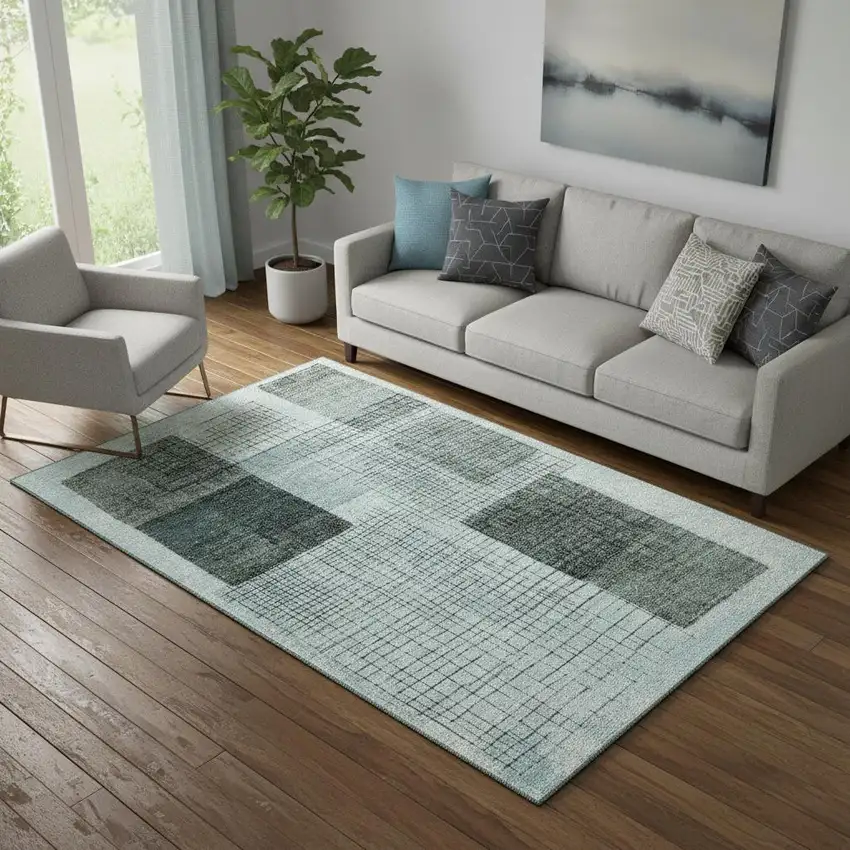 Teal And Gray Geometric Washable Area Rug With UV Protection Photo 2