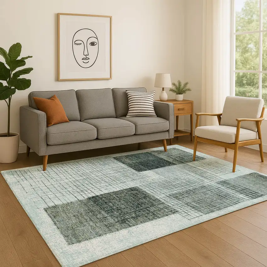 Teal And Gray Geometric Washable Area Rug With UV Protection Photo 5