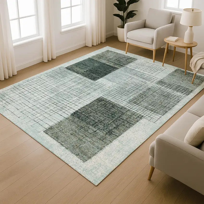 Teal And Gray Geometric Washable Area Rug With UV Protection Photo 6